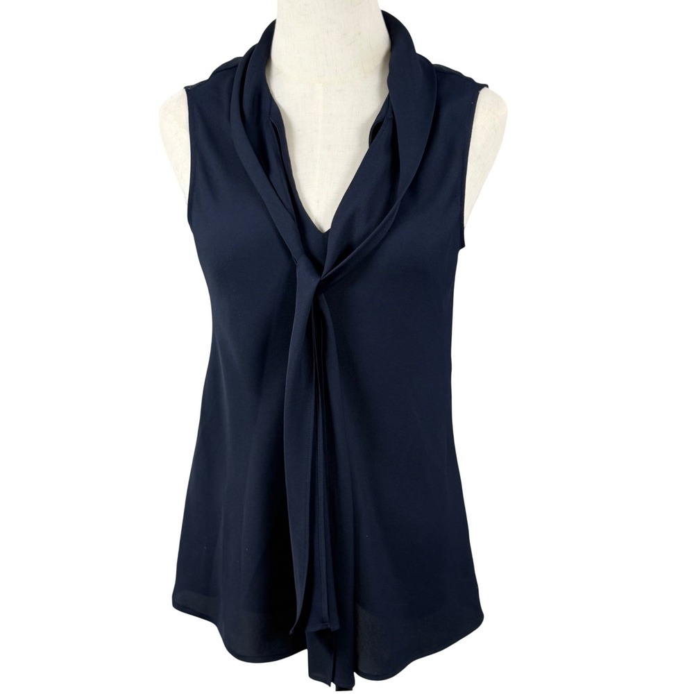 Anne Klein Chiffon Tie Neck Blouse Top Blue Sleeveless Professional Corpcore EUC